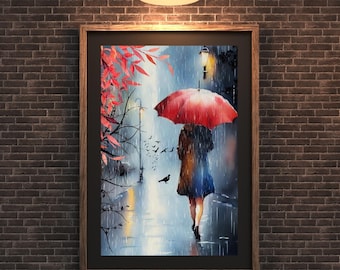 Woman Walking in the Rain Watercolor Art Print, Lady with Red Umbrella Wall Decor, Dark Rainy Street Print, Midnight Stroll in the Rain Art