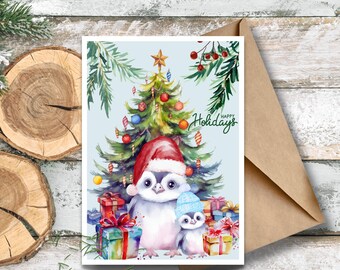 Cute Penguin Christmas Card, Happy Holidays Greeting with Tree and Gifts, Watercolor Winter Animal Card, Holiday Card with Penguins and Tree