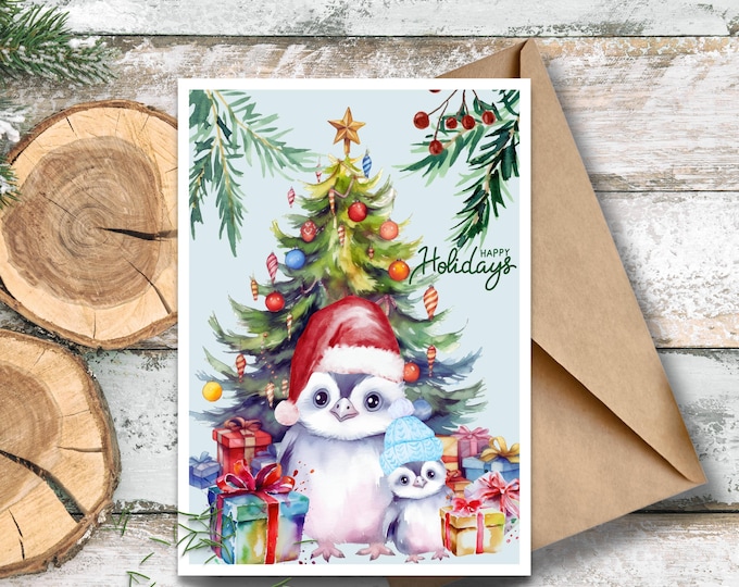 Cute Penguin Christmas Card, Happy Holidays Greeting with Tree and Gifts, Watercolor Winter Animal Card, Holiday Card with Penguins and Tree