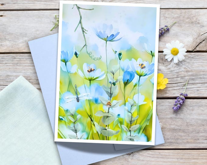 Blue Floral Watercolor Greeting Card: Whimsical Bees, Nature Stationery
