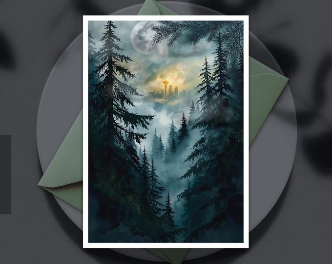 Seattle Greeting Card: Foggy Forest Skyline with Space Needle