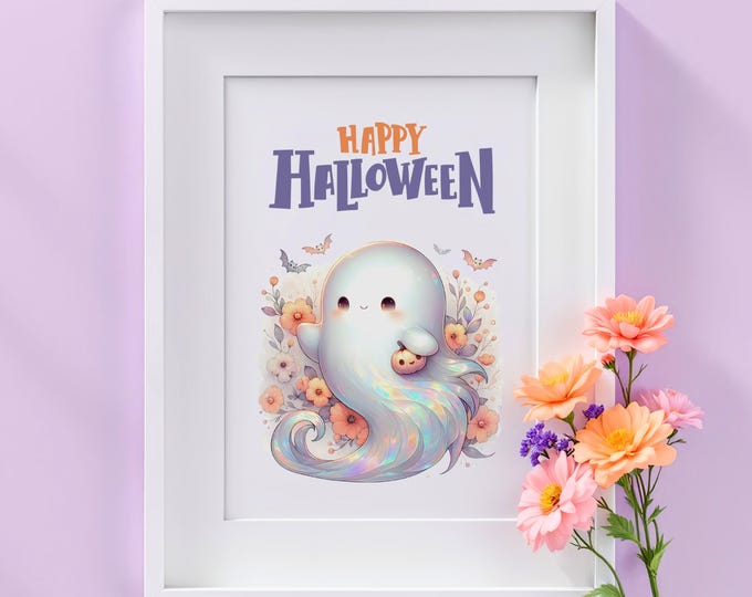 Iridescent Ghost Halloween Art Print: Pastel Flowers, Spooky Kids Decor