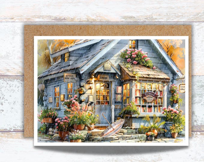 Vintage Bookstore Watercolor Greeting Cards - Book Lover Stationery Set