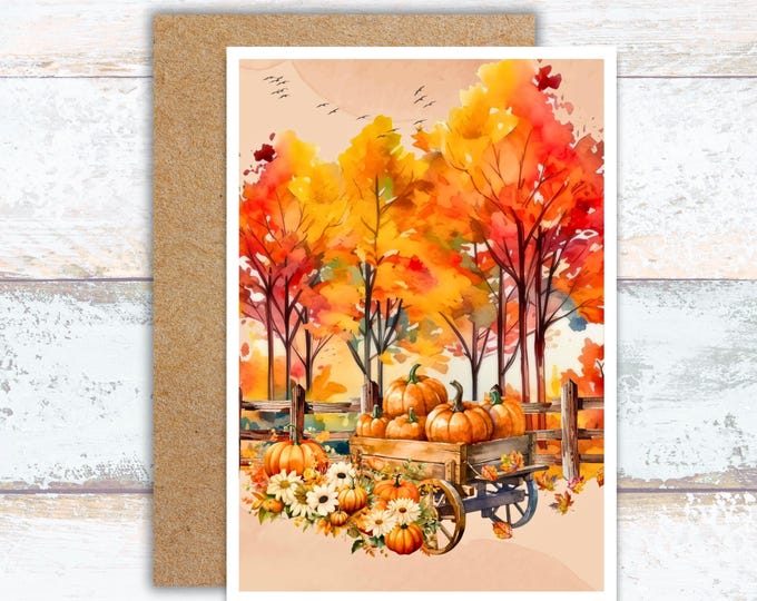 Pumpkin Harvest Watercolor Greeting Card, Fall Leaves Watercolor Greeting Card, Thanksgiving Housewarming Card, Lover of the Fall Season