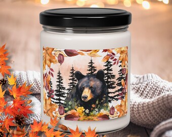 Black Bear in Fall Forest Scented Candle, Black Bear Enjoying  Autumn Leaves Soy Candle, Rustic Cabin Bear Candle, Bear Lover Candle Decor