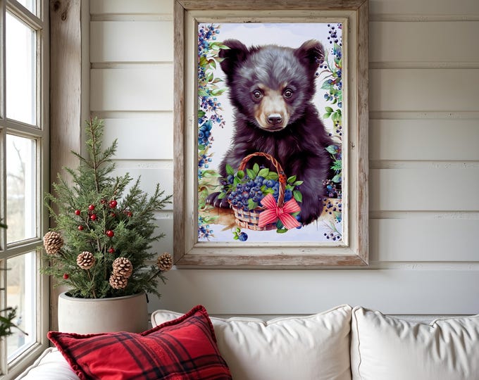 Watercolor Black Bear Art Print: Blueberry Nursery Decor