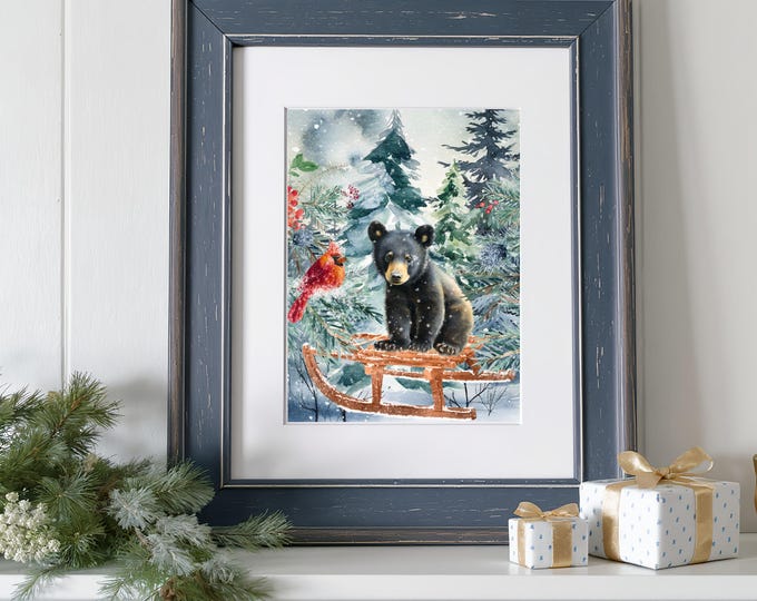 Baby Bear Whimsical Christmas Art Print: Watercolor Holiday Wall Decor