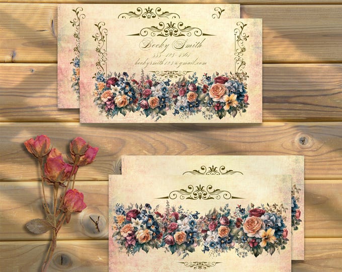 Vintage Floral Business Cards Elegant Custom Design 100 Cards Free Shipping, Victorian Business Cards with Floral Design for Creatives