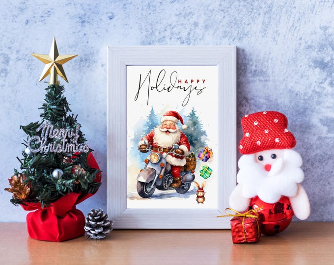 Santa on a Motorcycle Christmas Wall Art Print, Watercolor Santa Driving a Harley Holiday Wall Decor, Funny Christmas Santa Art, Santa Lover