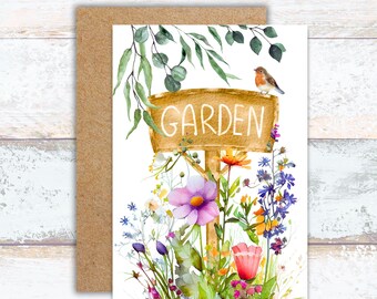 Floral Garden Sign Greeting Card, Watercolor Garden Writing Cards, Bird on a Wooden Garden Sign Note Cards, Botanical Garden Greeting Cards