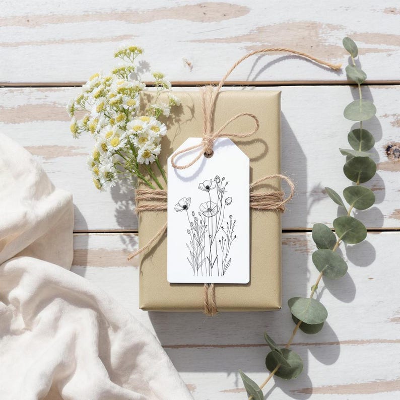 Botanical Gift Tags: Wildflower Line Art, Rustic Kraft String (Set of 8) bild 4