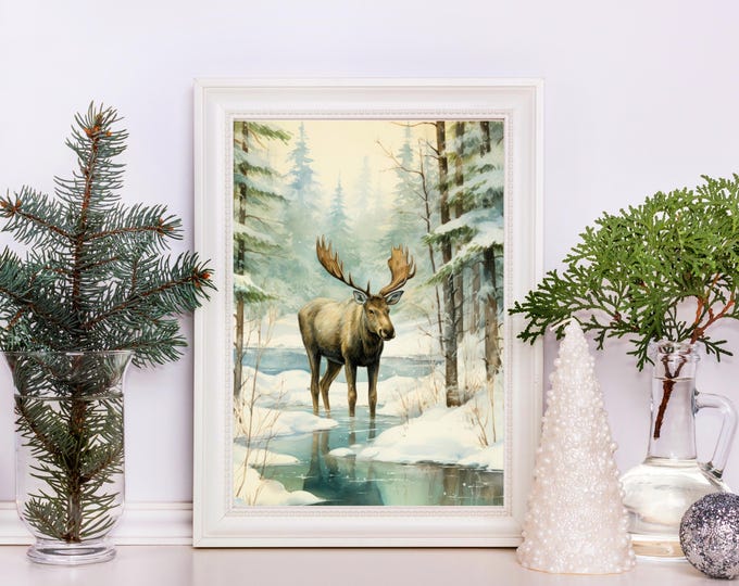 Vintage Moose Winter Wall Art Print, Christmas Watercolor Moose Wall Decor, Moose in Snow Covered Woods Holiday Print, Rustic Moose Nature