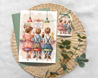 Kids at Soda Fountain Card with Retro Ice Cream Shop Illustration, Vintage Style Greeting with Gift Tag, Watercolor Nostalgic Writing Card