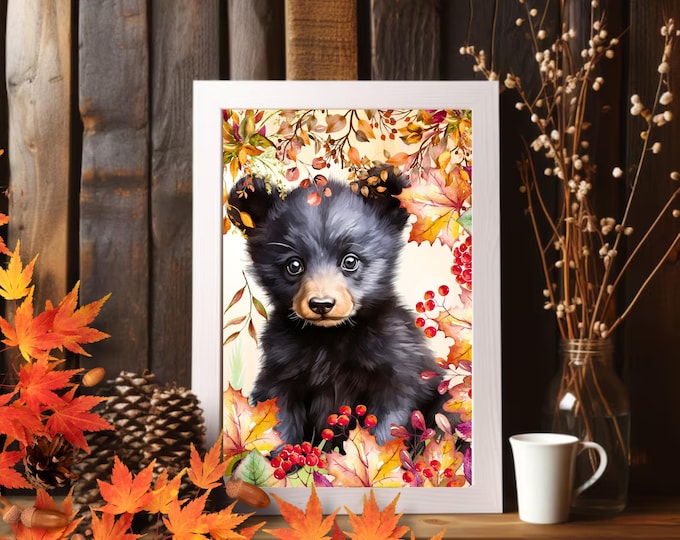 Baby Black Bear in Fall Leaves Art Print, Autumn Foliage and Black Bear Decor, Cute Bear Enjoying the Fall Foliage Wall Art, Lover of Bears