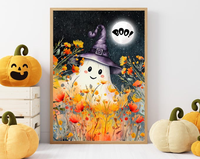 Cute Ghost Halloween Wall Art, Halloween Whimsical Ghost Wall Decor, Ghost in Orange Flowers Print, Ghost Under the Glowing Moon Art Print