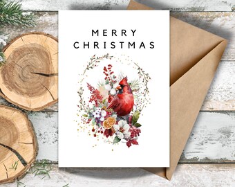 Merry Christmas Cardinal Watercolor Greeting Card, Red Cardinal on Holiday Branch Writing Card, Cardinal and Flowers Holiday Greeting Card