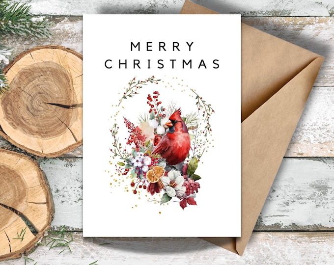 Merry Christmas Cardinal Watercolor Greeting Card, Red Cardinal on Holiday Branch Writing Card, Cardinal and Flowers Holiday Greeting Card
