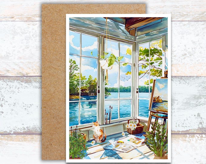 Waterfront Art Studio Watercolor Card for Any Occasion, Lakefront Craft Room Writing Cards, Pretty Lake Aesthetic Stationery Artist Lovers