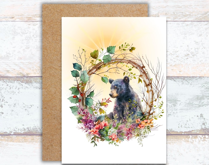 Black Bear in Nature Curious About Ladybugs Watercolor Greeting Card, Bear Watching Ladybugs in Green Foliage and Sunset, Bear Lover Card