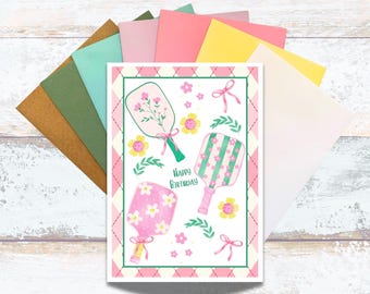 Preppy Pink Pickleball Birthday Card, Cute Pickleball Birthday For Her, Bows and Paddles Pickleball Watercolor Birthday, Pickleball Lover