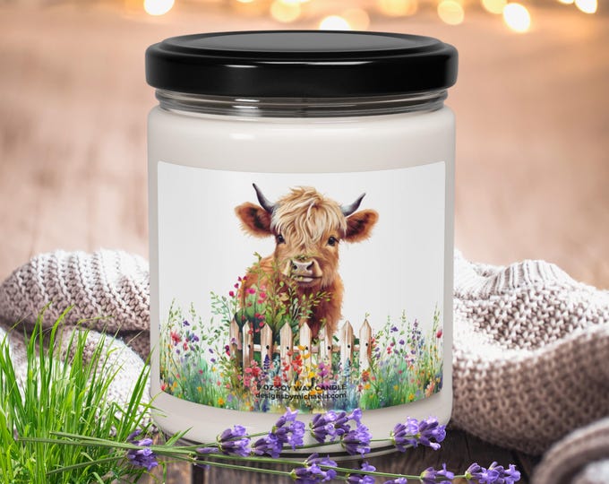 Highland Cow in Flower Field Scented Candle, Watercolor Highland Cow Soy Candle, Lover of Cow's Candle Gift, Cute Highland Cow in Nature
