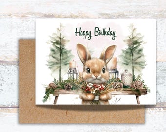 Happy Birthday Woodland Rabbit Watercolor Card, Forest Rabbit and Flower Bouquet Birthday Card, Lover of Woodland Animals Birthday Greeting
