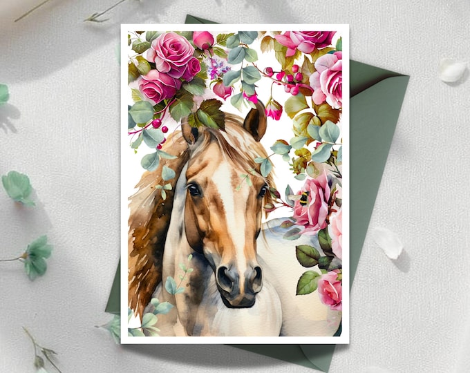 Watercolor Horse and Roses Greeting Card: Equestrian Stationery