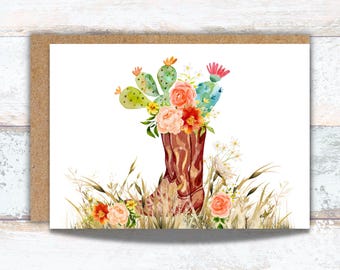 Cowgirl Boots with Flowers Watercolor Greeting Card, Colorful Cactus and Wildflowers Writing Card, Boho Cowgirl Boots in Nature Stationery