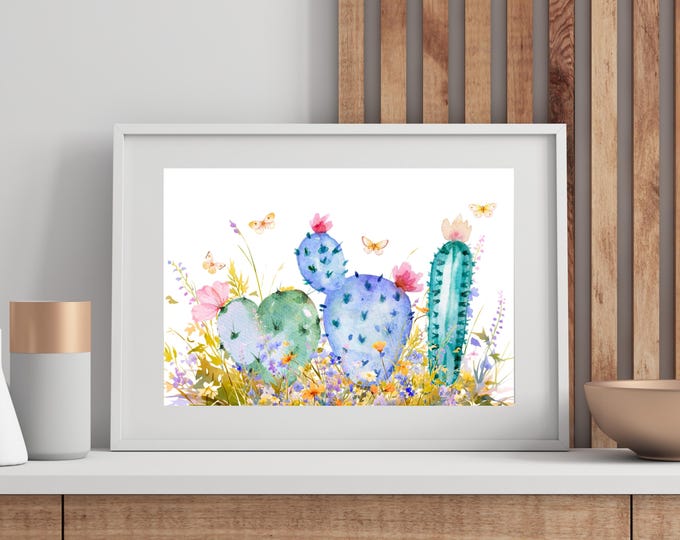 Succulent Garden Watercolor Art Print, Colorful Cacti Wall Decor, Lover of Succulents Illustration, Pretty Watercolor Cactus for Nursery