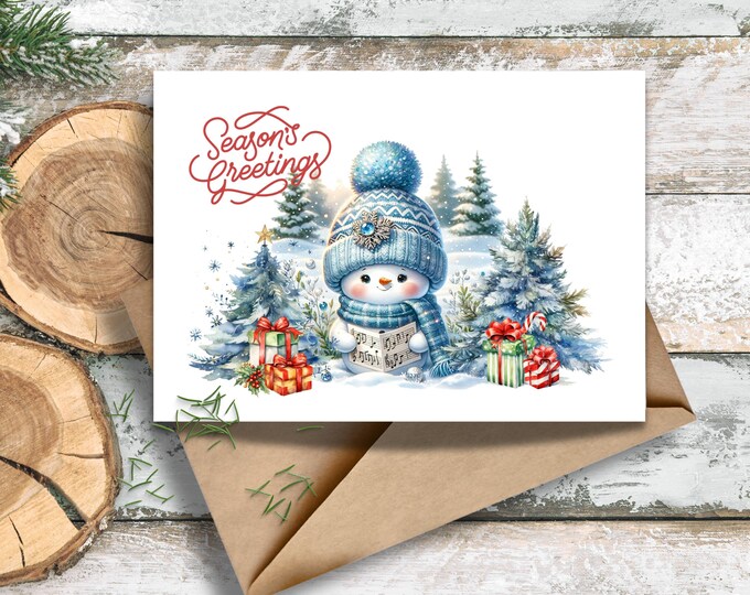 Blue Snowman in Winter Wonderland Christmas Greeting Card, Festive Snowman Greeting Card,  Season’s Greetings with Gift Boxes and Pines