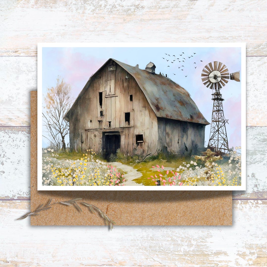 Rustic Barn and Windmill Watercolor Greeting Card, Vintage Farmhouse ...