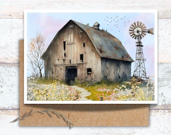 Rustic Barn and Windmill Watercolor Greeting Card, Vintage Farmhouse and Flowers Writing Cards, Weathered Barn and Scarecrow Note Cards
