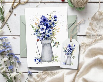 Rustic Watering Can with Blue Floral Bouquet Card + Tag Set, Blue Flowers and Jumping Frog Greeting Card, Cottagecore Floral Bouquet Cards
