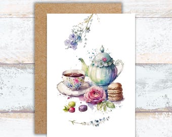 Antique Tea Cup and Macarons Watercolor Greeting Card, Vintage Floral Tea Pot and Dessert Writing Cards, Lover of Afternoon Floral Tea Card