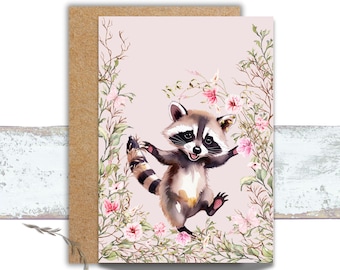 Raccoon in Pink Flowers Greeting Card for Any Occasion, Lover of Raccoons Watercolor Writing Cards, Woodland Raccoon in Nature Stationery