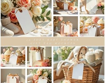 Soft Baby Shower Gift Tag Mockups, 10 Neutral Styled Flatlays with Boho Florals & Baby Details, Printable Gift Tags with Cupcakes + Baskets