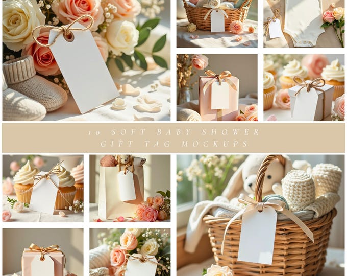 Baby Shower Gift Tag Mockups, Neutral Floral Flatlays (Digital Download)