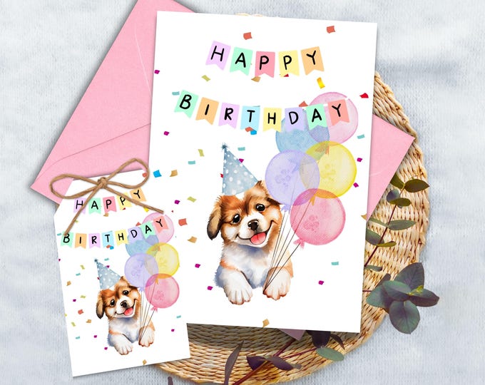 Happy Birthday Puppy and Balloons Greeting Card, Watercolor Puppy Birthday Card, Lover of Dogs Birthday Greeting, Birthday Celebration Puppy