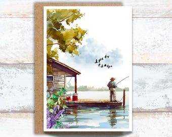 Fisherman Greeting Card, Watercolor Fisherman on a Dock Writing Card, Fisher on the Lake Note Card, Lake Forest Greeting Card, Card for Him
