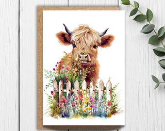 Highland Cow Watercolor Greeting Card: Farmhouse Note Card