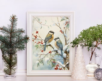 Vintage Chickadees Winter Wall Art Print, Christmas Watercolor Bird Wall Decor, Birds in Snow Covered Branch Holiday Print, Christmas Birds