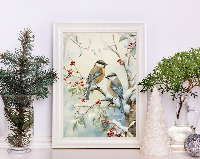 Vintage Chickadees Winter Wall Art Print, Christmas Watercolor Bird Wall Decor, Birds in Snow Covered Branch Holiday Print, Christmas Birds