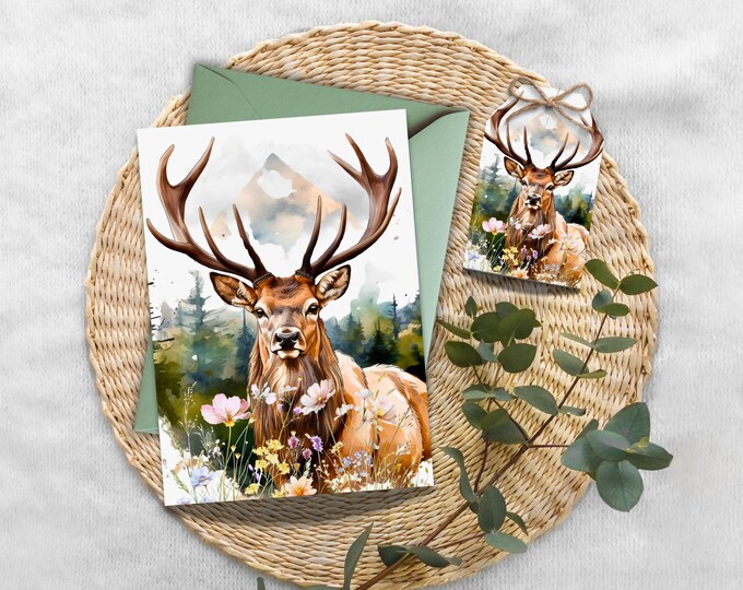 Majestic Elk in Wildflower Meadow Watercolor Greeting Card,  Optional Personalized Birthday Video for Him, Stationery with Elk and Mountains