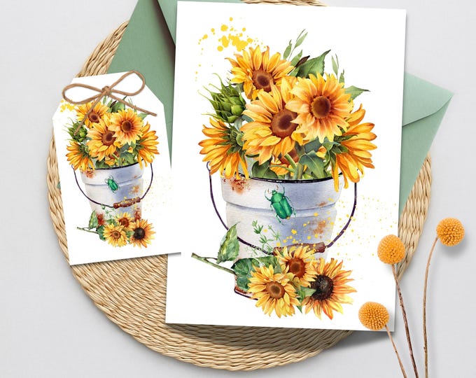 Sunflowers in a Metal Canister Greeting Card, Farmhouse Sunflowers in Pot Writing Cards, Yellow Sunflowers Stationery, Lover of Sunflowers