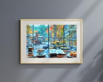 Rainy Day at a Neighborhood Coffee Shop Watercolor Art Print, Coffee Shop Window Looking out at the Rain Wall Decor, Love of Rain and Coffee