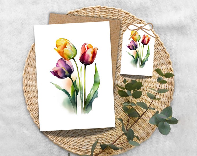Tulip Watercolor Greeting Card, Pink and Yellow Tulip Stationery, Pretty Tulip Writing Cards, Spring Tulip Greeting, Pink Floral Note Cards