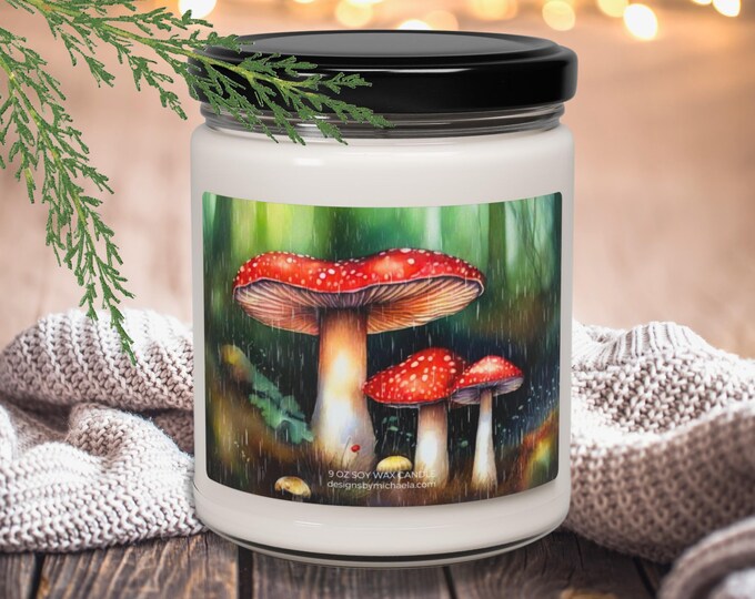 Red Mushrooms in the Forest Rain Scented Candle, Watercolor Mushrooms in Rainy Woods Soy Candle, Lover of Mushrooms Home Decor, Gift for Her