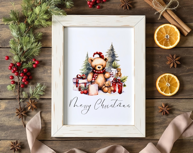 Christmas Teddy Bear Art Print: Vintage Holiday Nursery Decor