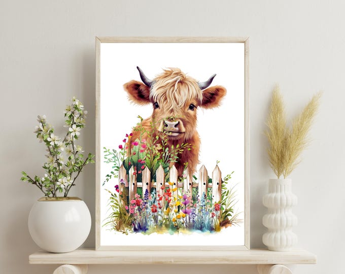 Highland Cow Wall Art, Cow in Garden Print, Cattle Wall Decor, Cottage Wall Art, Watercolor Farmhouse Print, Bathroom Wall Decor, Cabin Art