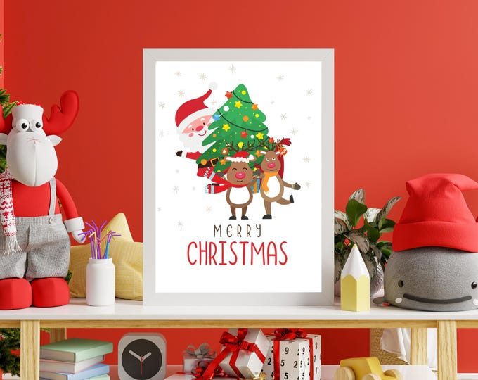 Santa and Reindeer Christmas Wall Art Print, Cute Reindeer and Santa Holiday Decor, Goofy Santa Art Print, Festive Holiday Reindeer Decor